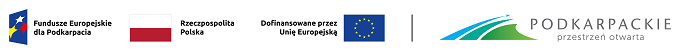 od lewej: logo "Fundusze Europejskie dla Podkarpacia"; flaga "biało-czerwona" i napis "Rzeczpospolita Polska"; napis "Dofinansowane przez Unię Europejską" i flaga "niebieska z dwunastoma żółtymi gwiazdami w kręgu, pośrodku"; logo "Podkarpackie przestrzeń otwarta"