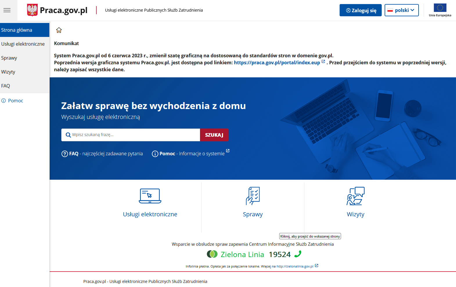 Widok strony głównej portalu Praca.gov.pl